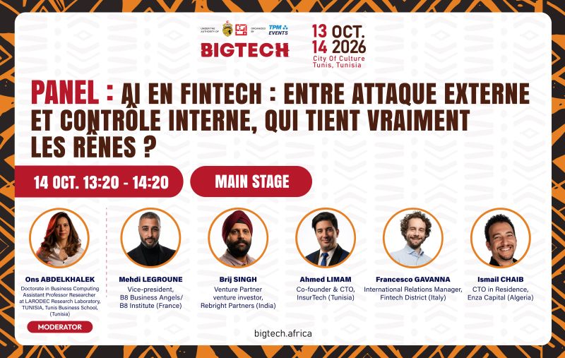 BIGTECH Africa 2026 event poster for the AI in FinTech panel at Cité de la Culture, Tunis